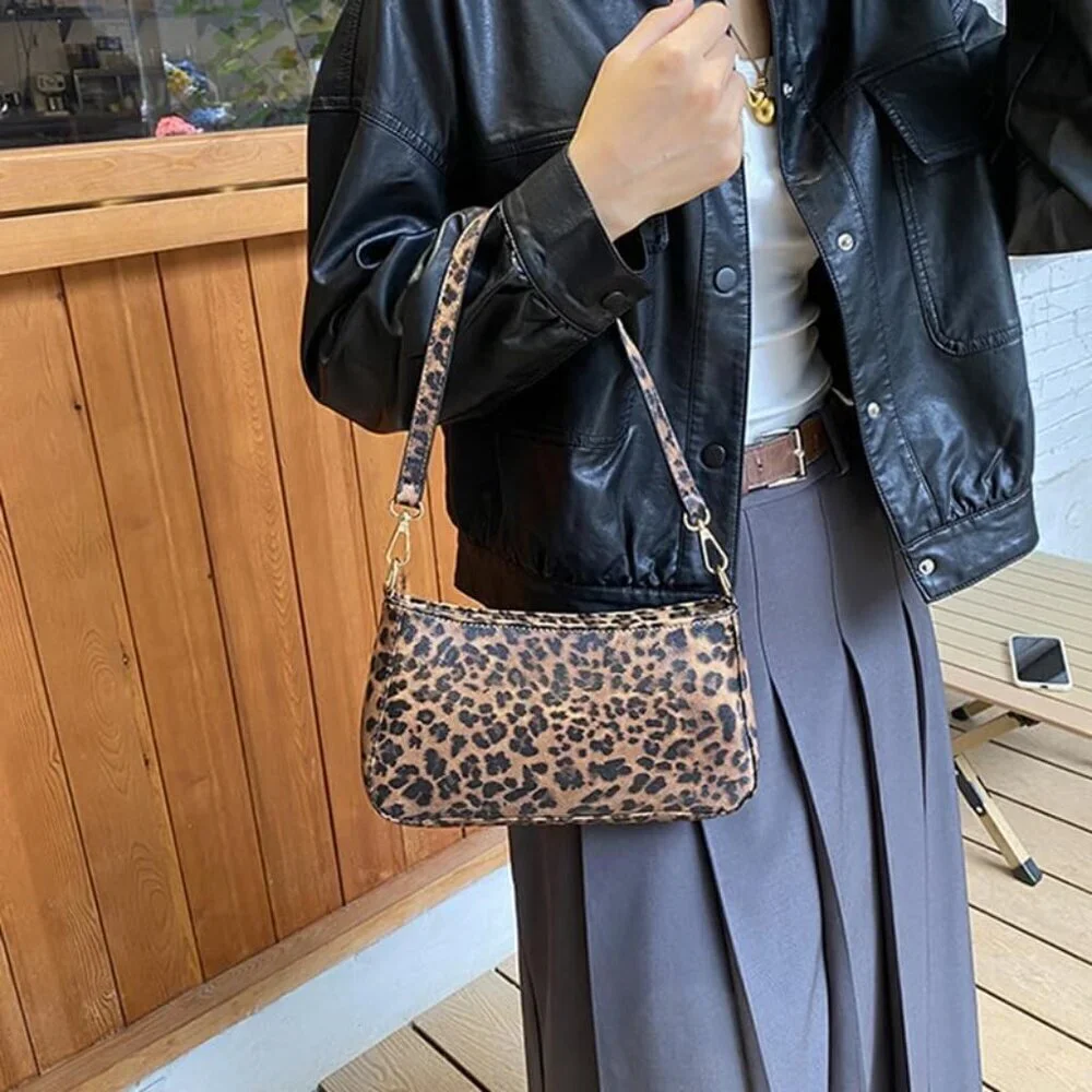 Vegan Leather Shoulder Bag Small Clutch Tote for Women Elegant Leopard Print